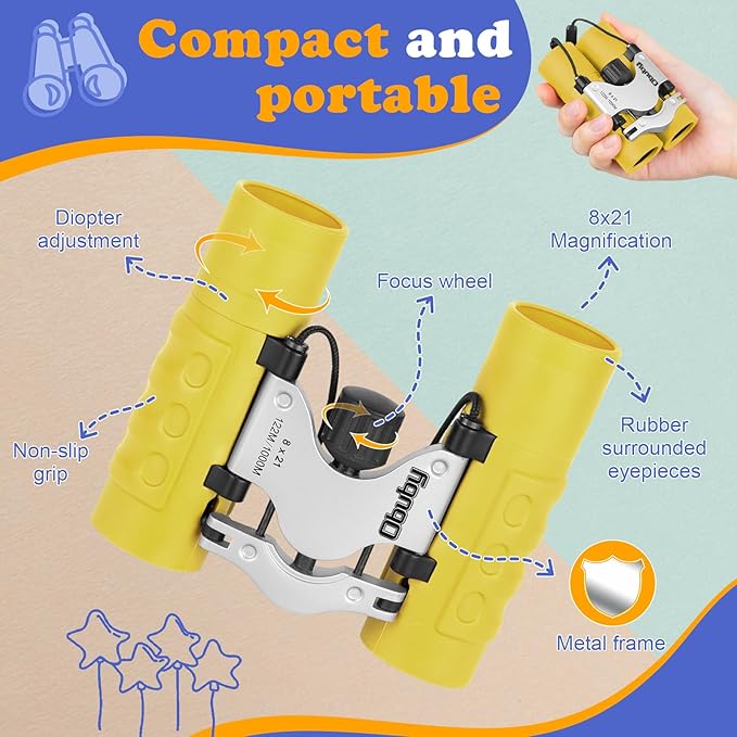 Obuby Real Binoculars for Kids Gifts for 3-12 Years Boys Girls 8x21 High-Resolution Optics Compact Toy Binocular for Bird Watching,Travel, Camping