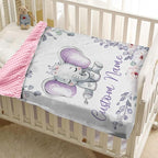 Custom Name Baby Blanket – Double-Layer Dotted Backing Flannel Swaddle – Elephant and Flower Theme for Newborns and Toddlers