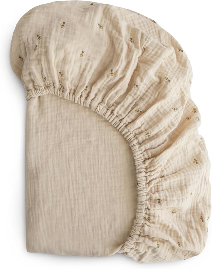 mushie Extra Soft Muslin Fitted Crib Sheet | 192 Thread Count | 28"x 52" (Bees)