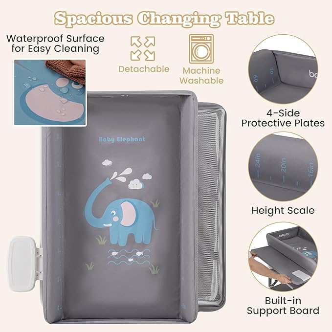 BABY JOY Portable Baby Changing Table, Foldable Waterproof Diaper Changing Station w/Wheels, Adjustable Height, Storage Basket, Shelves & Trash Bin, Mobile Nursery Organizer for Newborn Infant, Gray