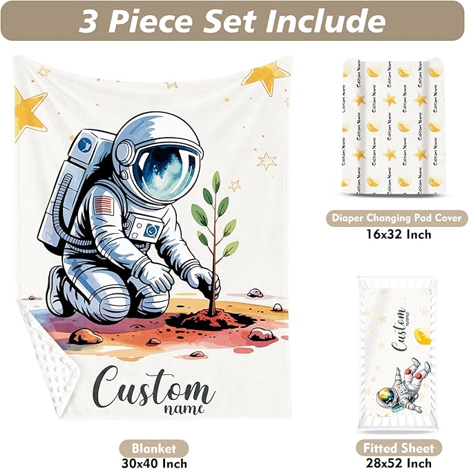 Personalized Baby Crib Bedding Set - Astronaut Planting Theme Nursery Bedding Sets 3 Piece with Custom Name Blanket, Fitted Crib Sheet & Changing Pad Cover – Ideal Newborn Gift for Boys