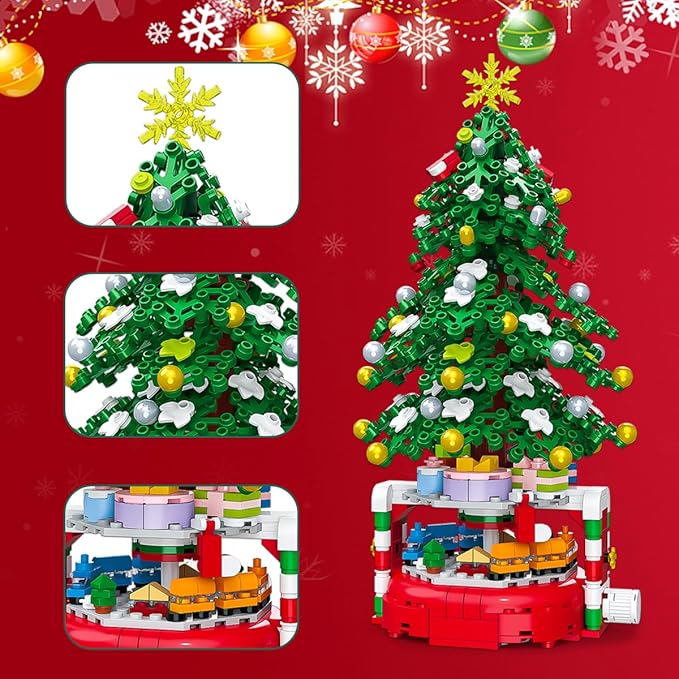 Christmas Tree Building Block Set, 515 Pieces, Rotating Base with Ornaments and Star, Holiday Building Toy, Stocking Stuffers for Kids, Gifts for Boys & Girls