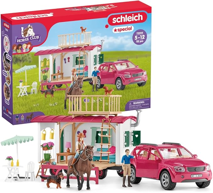 Schleich Horse Club - 113PC Interactive Camping Trip - Car and Camper Caravan Playset with Horse and Rider Figures, Dog Figurine and Accessories for Girls, Boys - Realistic Kids Toys Ages 5+ | 72205