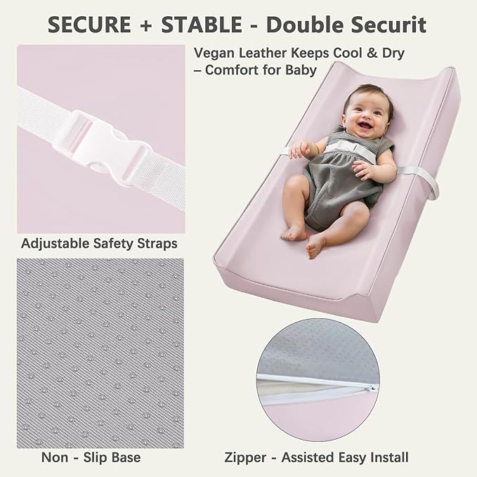 Vegan Leather Changing Pad Cover with Zipper - 31"X 16" - Waterproof Wipeable, Extra Thick & Portable & Non-Slip Diaper Mat - Fits Standard Changing Tables (Pink)