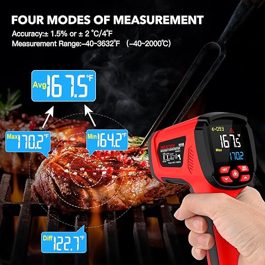 MESTEK Infrared Thermometer Temperature Gun, -40℉~3632℉, Non Contact Digital Laser Thermometer Gun Industrial Pyrometer 50:1 High Temp Thermometer with Color LCD Display, Adjustable Emissivity
