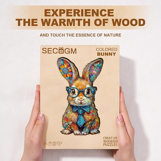 Wooden Puzzles for Adults - 125 Pieces Colorful Bunny Wooden Puzzle - Unique Animal Shape Wood Cut Puzzles - Eco-Friendly Home Office Decor (11.4 * 6.8in)