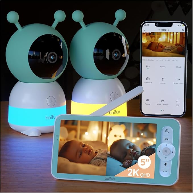 BOIFUN 2K Split-Screen 5 Inch Wi-Fi Baby Monitor With 2 Cameras, Colorful Night Light, AI Motion & Sound & Humidity & Temp Detection, Auto Tracking Via Smartphone App And Monitor Control, Night Vision