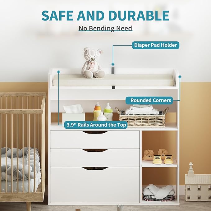 Pipleo Baby Changing Table Dresser with 3 Drawers and 3 Storage Shelves, Can be Used as a Baby Dresser with Changing Table Top, a Baby Changing Station, a Wood Diaper Changing Station (White)