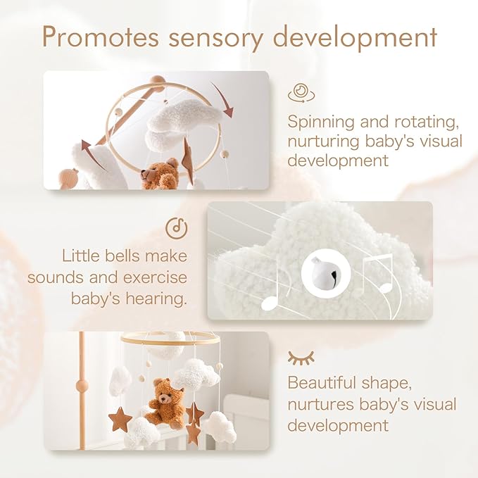 EERKEOD Baby Crib Mobile Bear Nursery Mobile for Boys Girls Teddy Velvet Mobile Nursery Decor for Infant Bedroom Hanging Baby Mobile for Bassinet Newborn Baby Gift（Brown Bear）