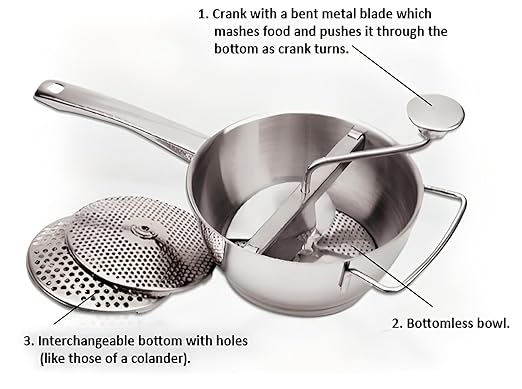 OCS Parts Pro Series Stainless Steel 3.5-Quart Food Mill with 3 Milling Discs | Rotary Food Mill for Purees, Applesauce, Jam, Baby Food, Tomato Sauce Mashed Potatoes and More
