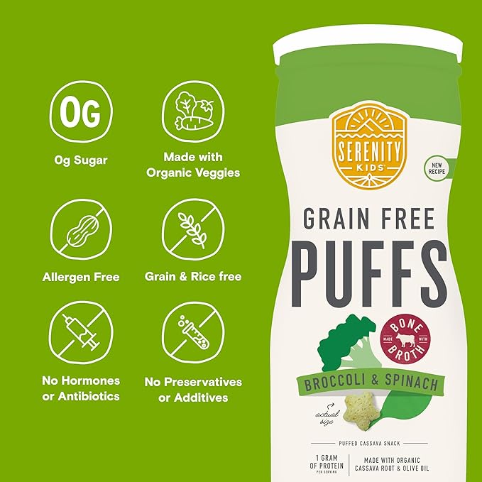 Serenity Kids 6+ Months Grain Free Puffs Toddler & Baby Snack | No Added Sugar, Gluten & Rice Free, Allergen Free | Made with Organic Cassava, Veggies, and Herbs | Broccoli & Spinach | 1 Count
