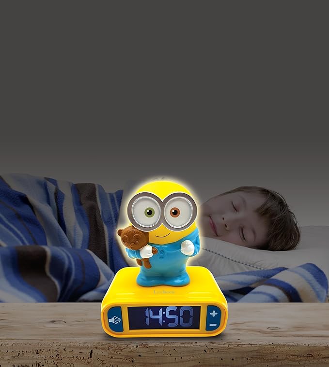 LEXiBOOK - Minions - Bob Digital Alarm Clock with Night Light - Snooze Function - Minions Sound Effects - for Children/Kids - Luminous Clock with Bob, Yellow/Blue - RL800DES