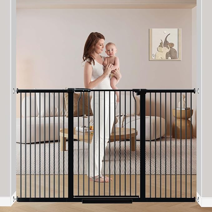 60.2"-65.7" Baby Gates Extra Wide, 40.5" Tall Dog Gate Indoor, Walk Through Pet Gates for Doorways Kitchen No Drilling Auto Close Pressure Mounted Safety Child Toddler Gate, Black