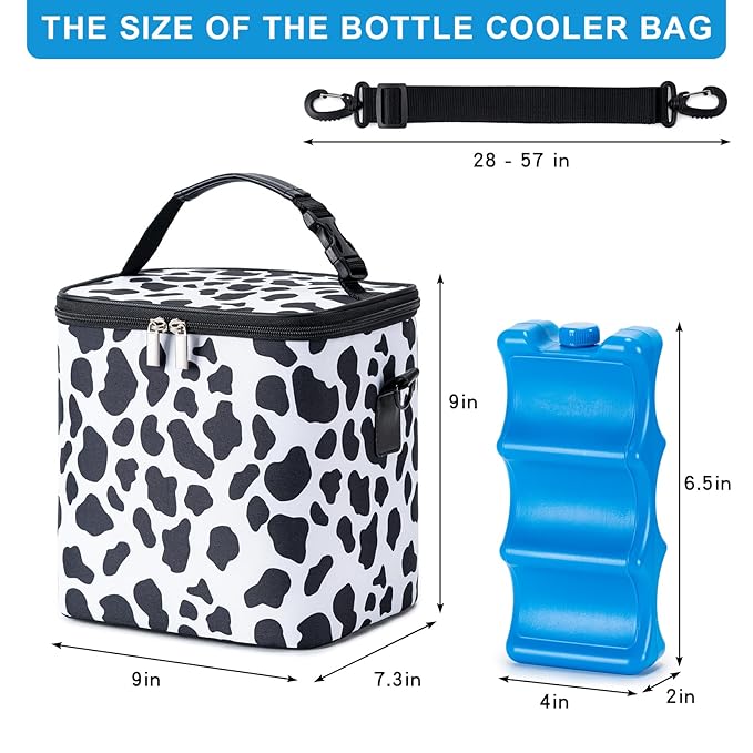 Breastmilk Cooler Bag with Ice Pack Fits 6 Baby Bottles Up to 9 Ounce, Baby Bottle Bag with Shoulder Strap for Nursing Mom Daycare, Cow