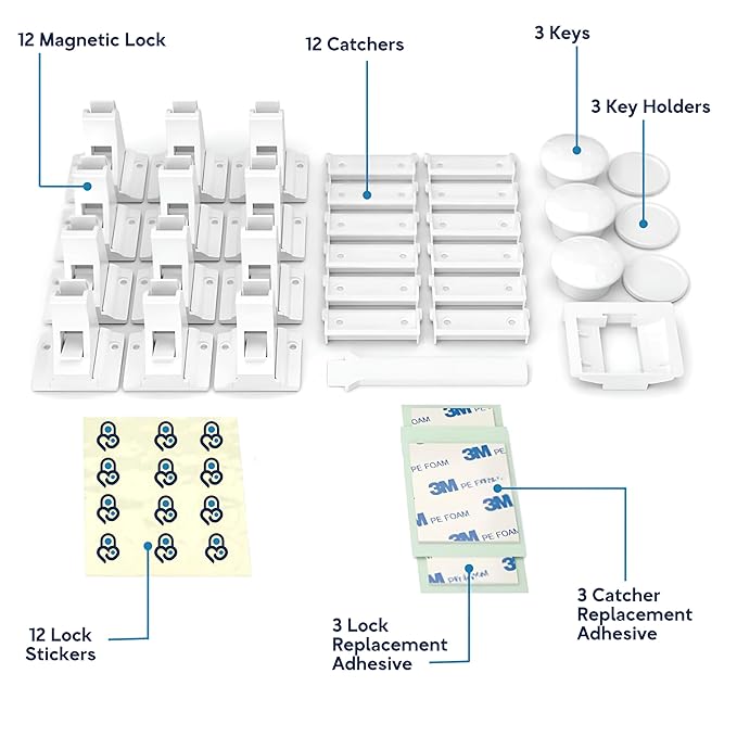 Pack of 12 Magnetic Cabinet Locks for Child Safety with 3 Keys, 3M Adhesive Easy Installation, Baby Proofing Magnetic Locks for Cabinets and Drawers(12 Locks + 3 Keys)