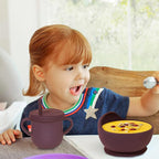 100% Silicone Baby Feeding Set, BPA Free Dishes With Suction Bowl, Divided Plate, Toddler Self Feeding Utensils, Spoons, Forks, Sippy Cup and Bib (Dark Red)