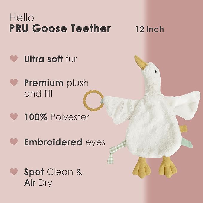 MON AMI PRU Goose Teether Lovie | 12-Inch Baby Security Blanket with Silicone Teether | Soft Plush Lovey for Teething Relief & Comfort