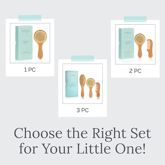 Natemia Baby Hair Brush and Comb Set - Wooden Soft Bristle Brush, Cradle Cap Brush for Newborns and Toddlers