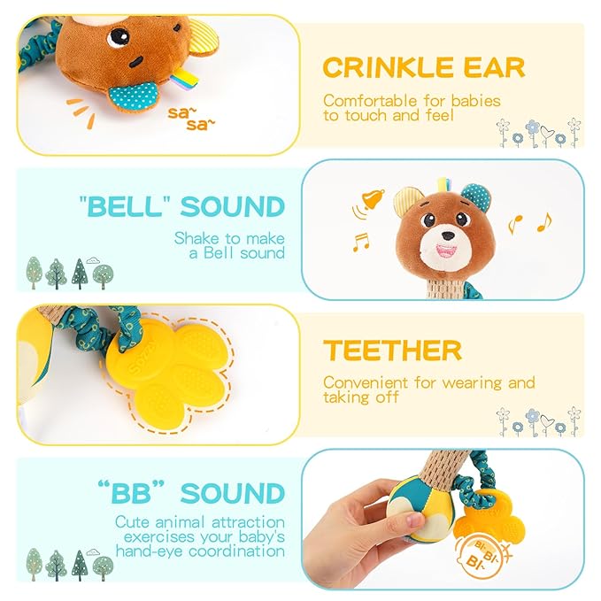 Baby rattles 0-6 months, Set of 2 rattles for babies 0-6 months, Soft Stuffed Animal Rattle Hand Grip Baby Toys, baby rattle Shaker Crinkle Squeaky Sensory Travel Accessories for 0 3 6 9 12 Months old