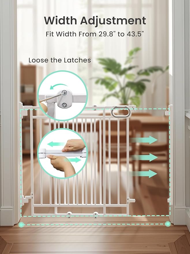 Grownsy Baby Gate for Stairs- No Bottom Bar, Adjustable Width 29.8” to 43.5” for Child and Pet, Dog Gate with Auto-Close & One-Hand Operation, Hardware-mounted Installation for Doorways and Indoor Use
