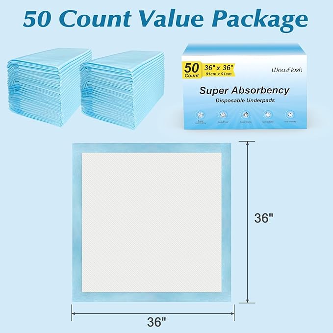 50 Count 36" x 36" Super Absorbency Disposable Underpads - Leakproof Quick Drying Pads for Baby, Puppy & Adults, Bed Pads, Incontinence & Dog Pee