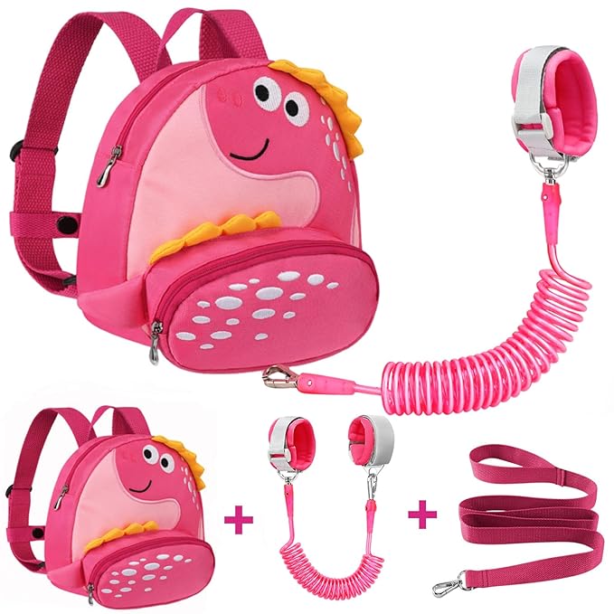Accmor Toddler Backpack Harness with Safety Leash, Cute Dinosaur Harnesses with Kids Anti Lost Wrist Link, Mini Child Schoolbag with Wristband Tether Strap and Protection Leashes for Baby Girls (Pink)
