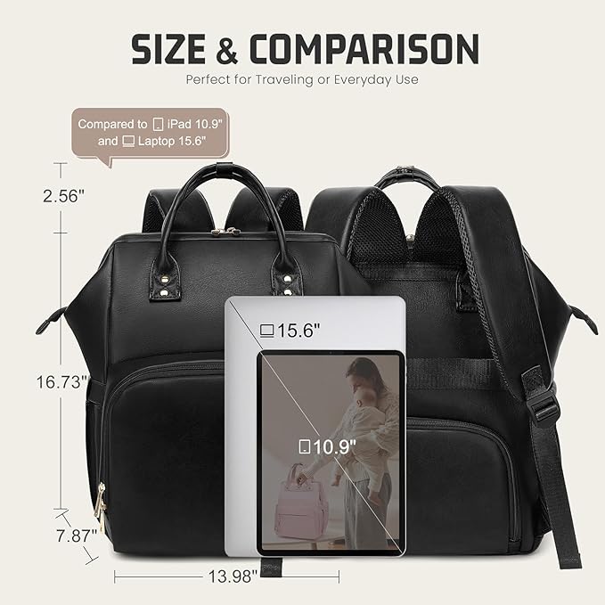 Premium Vegan Leather Diaper Bag Backpack with Waterproof Changing Pad – Reinforced Stitching & Zippers, Baby Bag for Boy Girl, Stroller Straps, Ergonomic Design for Traveling Moms, Black