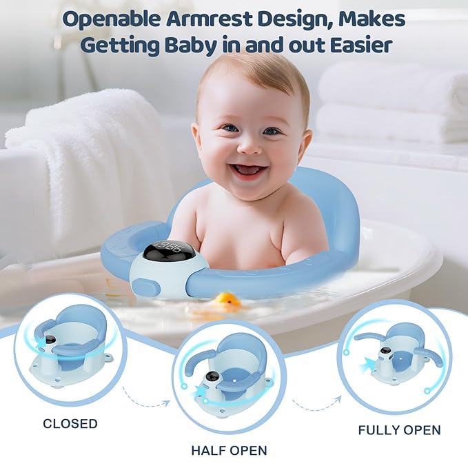 Baby Bath Seat-for Babies 6 Months & up, Water Temperature Display+Soft Cushion, Non-Slip Toddler Bath Seat for Baby, Sit Up Bath Seat for Baby, Blue