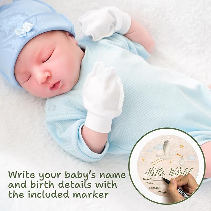 Hello World Baby Announcement Sign, Stork Newborn Sign, 6.7 Inch Round Wooden Name Sign for hospital, With Ink Pad for Hand and Footprints, Marker Pen, Baby Photo Prop & Keepsake
