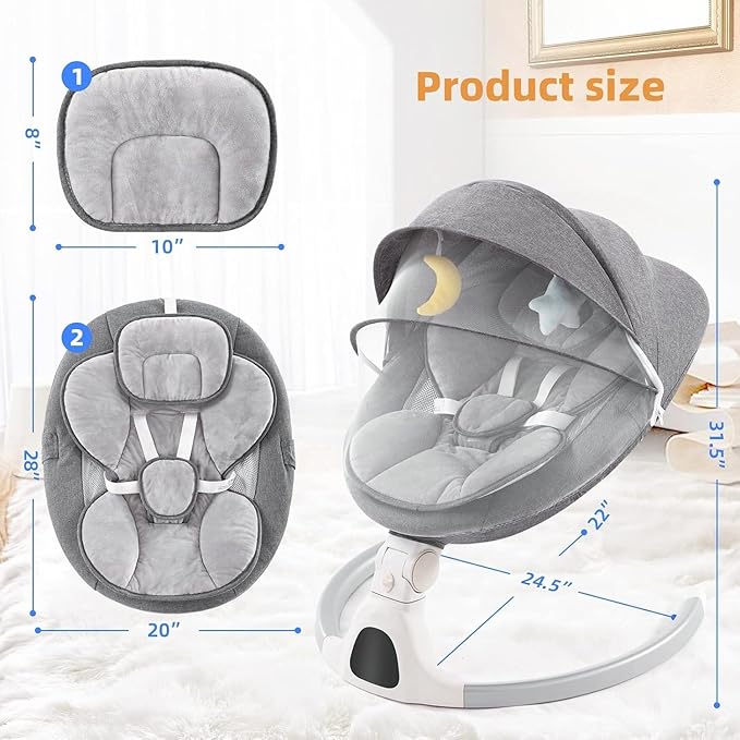 Baby Swing for Infants,Comfort Cradling Baby Rocker Portable Newborn Swing with Music/Remote Control/Timing Function,Grey
