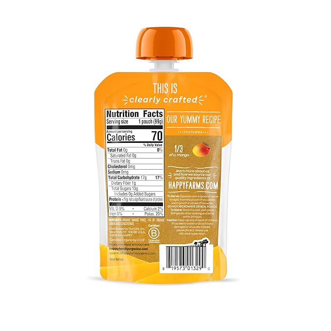 Happy Baby Organics Clearly Crafted Stage 1 Baby Food, Mangoes, 3.5 Ouncee Pouch (Pack of 16)