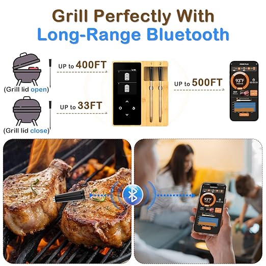 Smart Accurate Wireless Meat Thermometer - 2 Probes for BBQ, Smoking, Grilling, Cooking with Real-Time Alerts, Long Range Bluetooth, Dishwasher Clean, Waterproof for Indoor Outdoor Kitchen Use