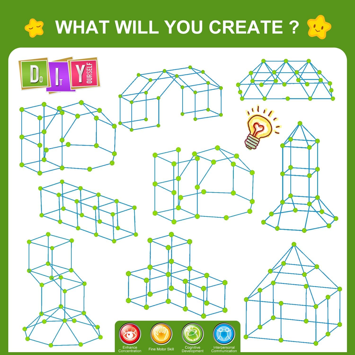 SpringFlower Fort Building Kit for Kids,STEM Construction Toys, Educational Gift for 3 4 5 6 7 8 9 10 11 12 Years Old Boys and Girls,Ultimate Creative Set for Indoor & Outdoors Activity,200 Pcs,Green