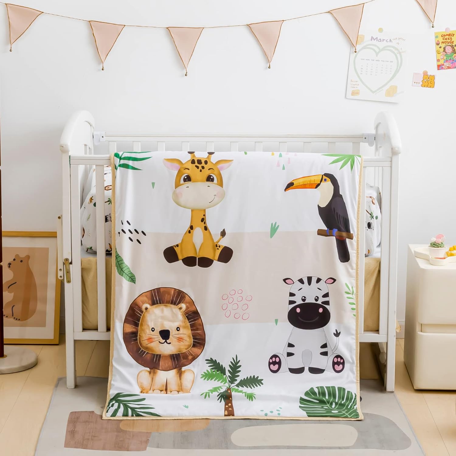 Safari Animal Bedding Set for Baby Boys Girls, 3-Piece Crib Set Including Sheet, Comforter & Skirt, Standard Size