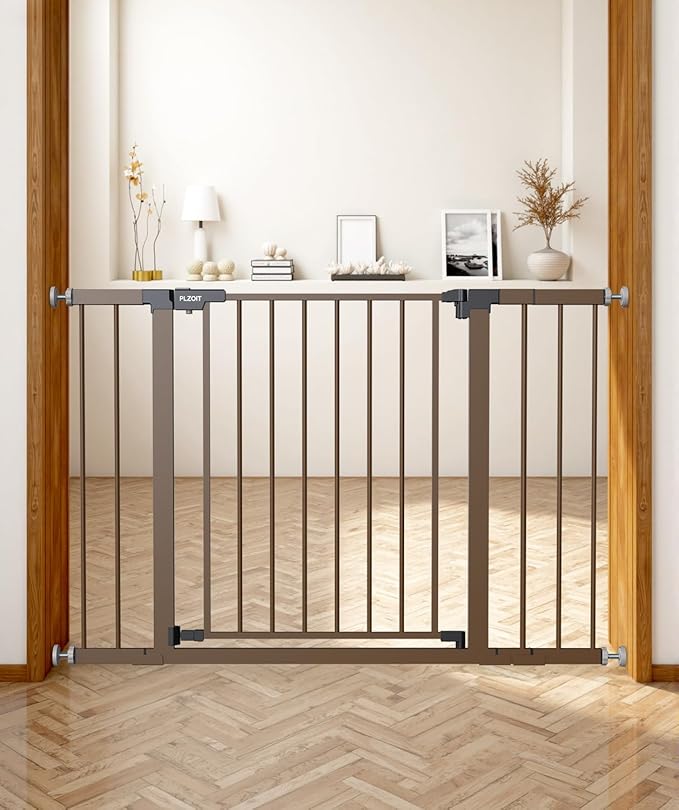 Baby Gate for Stairs, 30'' Tall 29.5-46" Extra Wide Dog Gate for Stairs Walk Thru Auto Close Metal Pet Gate for The House, Stairs and Doorways Child Gate Pressure Mounted Safety Gate Indoor - Brown