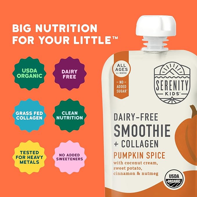 Serenity Kids Organic Pumpkin Spice Protein Smoothie Pouch - USDA Organic & Dairy Free - Toddler & Baby Food Pouches - 3.5 Oz, 12 Pack