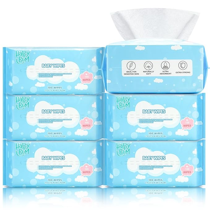 HAPPY BUM Baby Wipes, Large Dry Wipes for Baby, Unscented, Sensitive Skin, Wet and Dry Use, 600 Count, 6 Packs