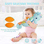 Baby Toys 0-6 Months,Infant Musical Seahorse Stuffed Animals Sensory Toys with Bright Colors,Multiple Textures,Rattles & Crinkle Sound Paper,Soft Tummy Time Toy for Newborn Boys Girls 0-12 Months-Blue