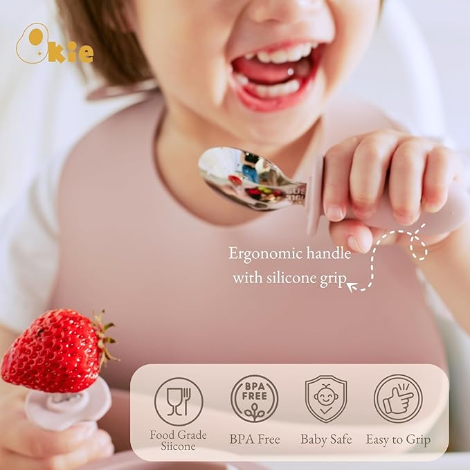 Toddler Utensils, Toddler Forks and Spoons, Baby Spoons Self Feeding, Stainless Steel Baby Silverware with BPA Free Silicone Easy Grip, 8 Months+