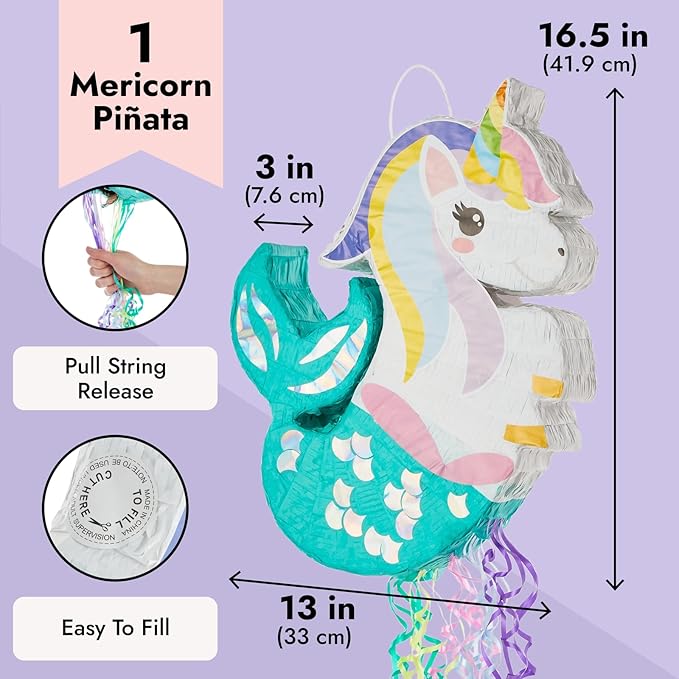 Unicorn Mermaid Pinata - Pull String Pinata for Girls Under the Sea Party Decorations, Rainbow Birthday (Small, 16.5x13x3 In), For Ages 3+