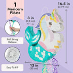 Unicorn Mermaid Pinata - Pull String Pinata for Girls Under the Sea Party Decorations, Rainbow Birthday (Small, 16.5x13x3 In), For Ages 3+