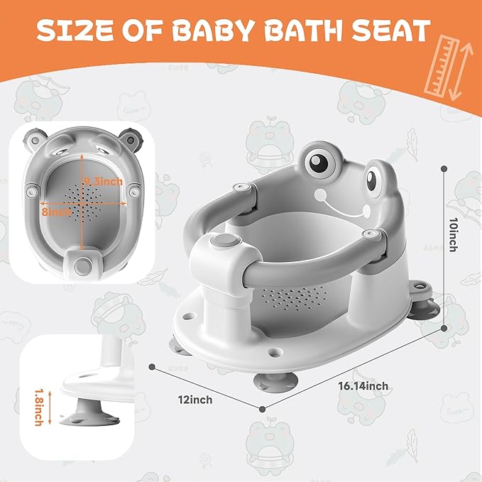 Baby Bath Seat for Babies 6 Months & Up - Toddler Bath Seats for Baby Sitting Up with 4 Suction Cups & Soft Cushion, Non-Slip Infants Shower Bathtub Chair for Newborn Boys Girls, Gray