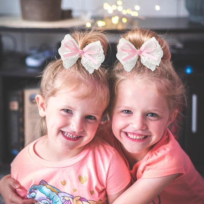 2pcs Lace Hair Bows for Girls, White Lace and Pink Hair Ribbons, Alligator Bow Hair Clips, Handmade Hair Accessories for Girls