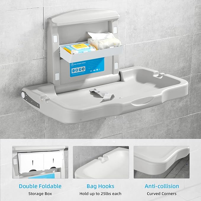 Fold-Down Baby Changing Diaper Station - Horizontal Wall Mounted, Sturdy & Durable with Safety Straps for Commercial Bathrooms, Granite