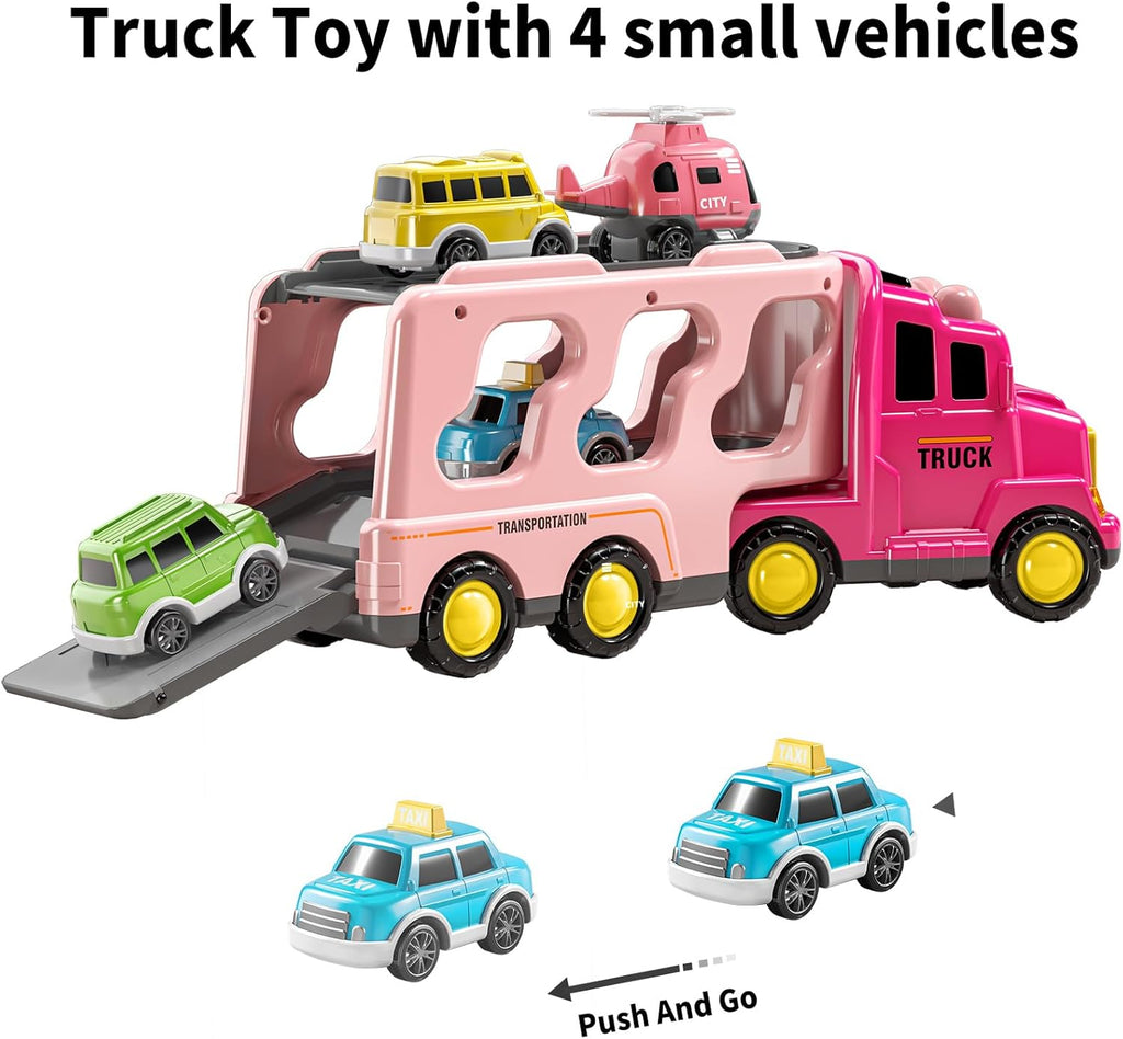 TEMI Girls Toddler Truck Toys for 3 4 5 6 Year Old, 5-in-1 Friction Powered Vehicle Car Set for Toddlers 3-6, Carrier Toys for Kids 3-5, Christmas Birthday Gifts for Boys Age 3-9
