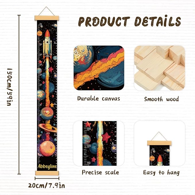 Personalized Name Kids Growth Chart for Wall, Rocket Premium Canvas Removable Height Chart for Kids, Height Measurement for Wall, Height Chart for Kids & Babies, Kids Nursery Decor