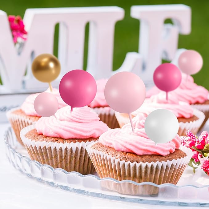75 Pieces Cake Balls Topper Decorations Foam Cupcake Topper Mini Balloon Cake Topper Balls Cake Picks for Cake Deco Birthday Party Wedding（Rose Pink, Pink, Gold, White）