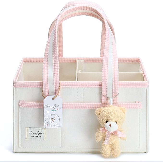 PeraBella Diaper Caddy Organizer with Handle, Baby Shower Gifts Basket Bag, Registry Search Must Haves Items, Nursery Storage Organizer for Newborn Girl Boy, Baby Bag Essentials, Car Diaper Caddy Cart