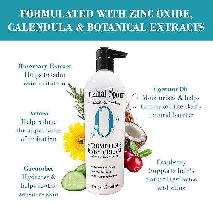 Original Sprout Scrumptious Baby Cream, Gentle Moisturizing Cream for Dry, Sensitive Skin & Diaper Rash, Non-Greasy Baby Lotion with Zinc Oxide & Calendula for Face & Body, 24 fl oz