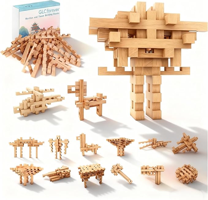 STEM Wooden Building Blocks -Mortise and Tenon Assembled into 15+ Shapes, Educational Toys Gift for Kids and Classroom,DIY Building Toys for Ages 5+ and Adults (15 in 1)